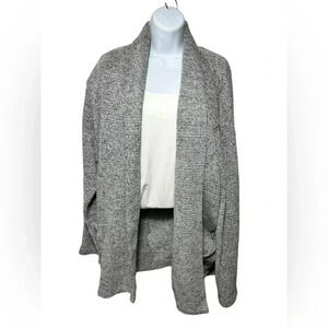 Zara Womens L Woven Textured Knit Open Front Long Sleeves Cardigan Gray Pockets